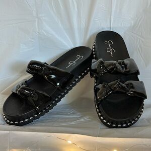 Womens/8- Never Worn- Black Bow Slide Sandals